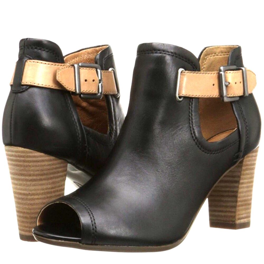 Clarks Artisan Leather Peep Toe Boots Black Tan 5.5 Boho Ankle Heel Chunky Block